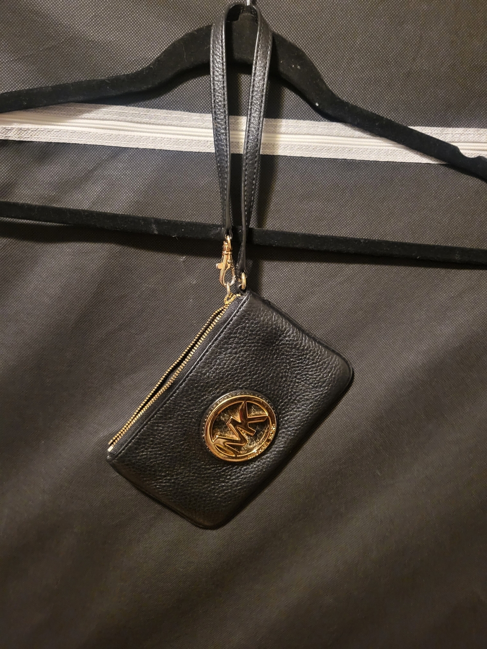 Michael Kors Black Leather Wristlet with Gold MK Emblem
